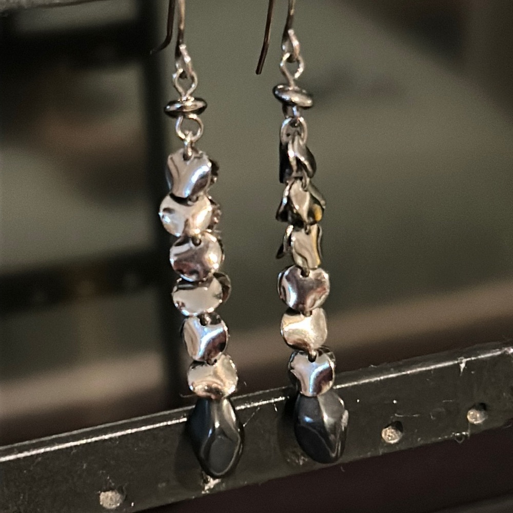 Slender dangly black and silver earrings